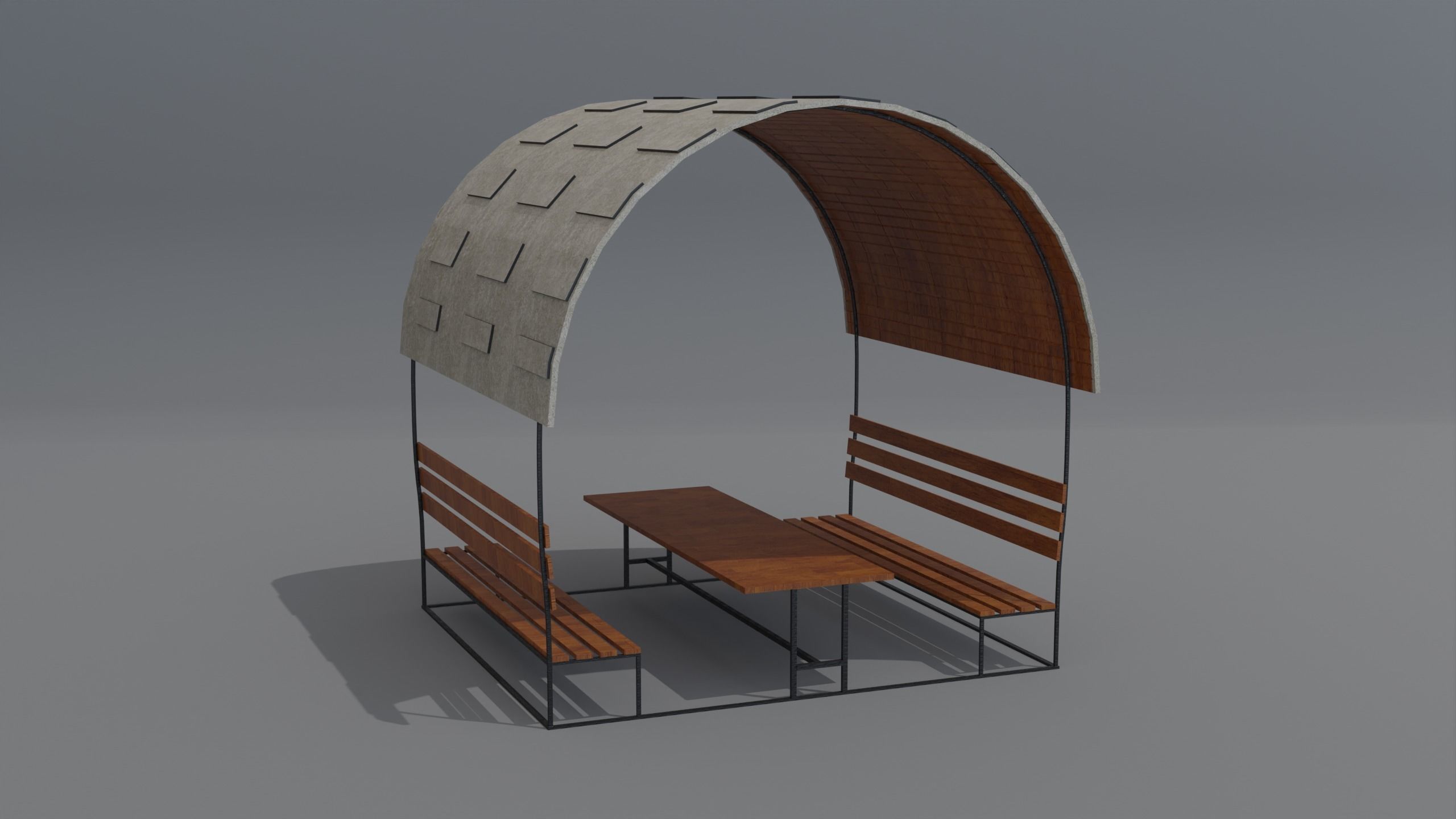 Pergola wooden bench with roof Low-poly 3D model_1