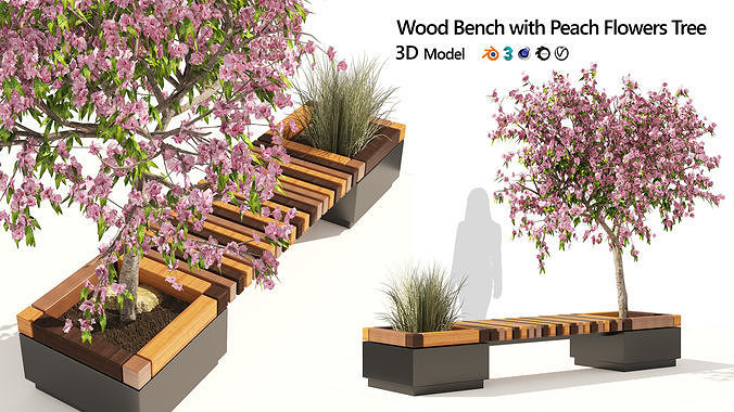 Outdoor Bench with flowering tree pot Low-poly 3D model