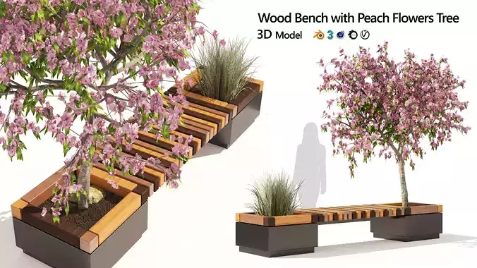 Outdoor Bench with flowering tree pot Low-poly 3D model