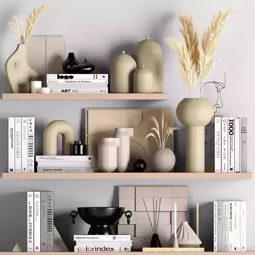 decorative04 vases and books on shelves