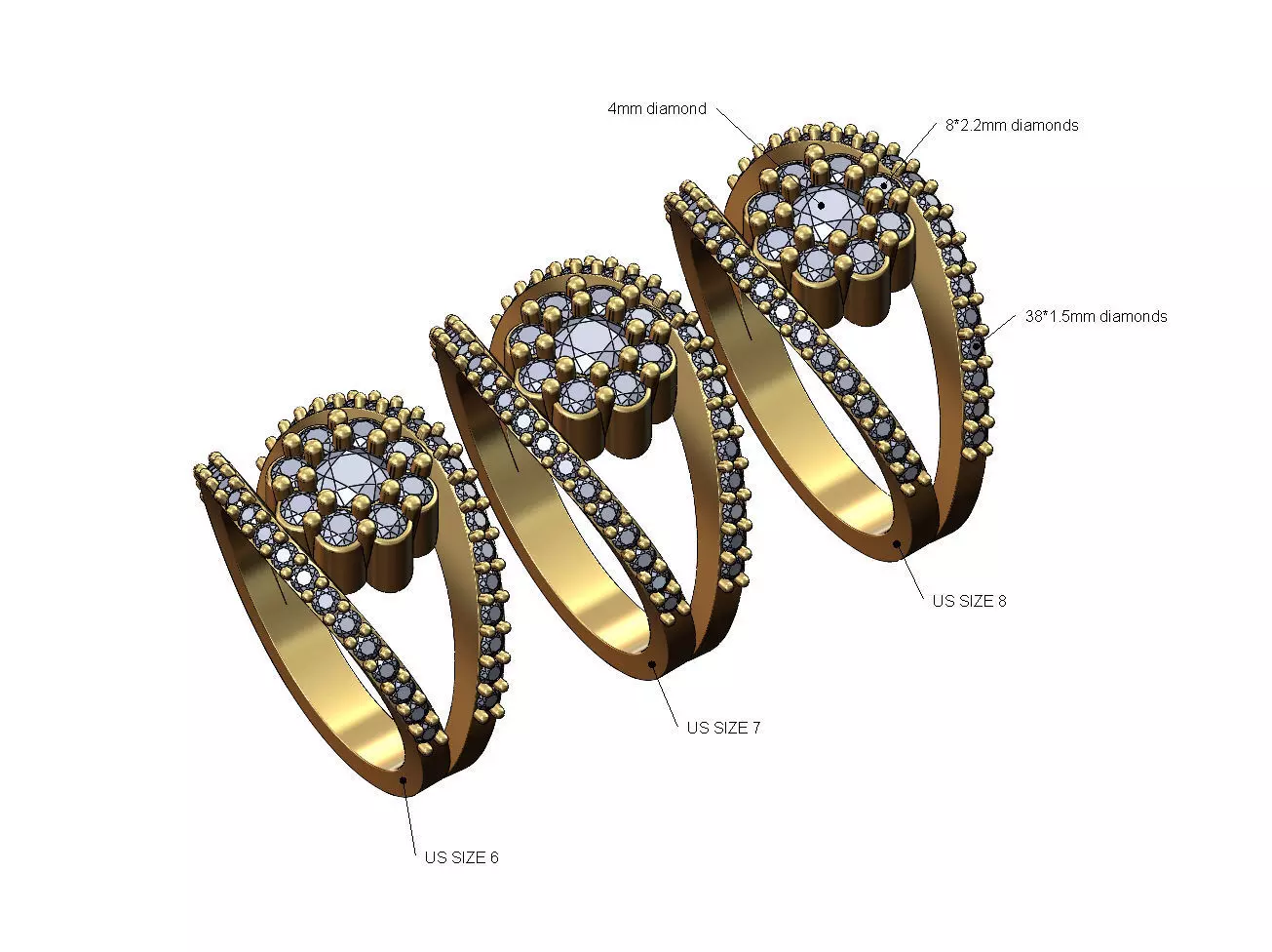 Bubble cluster diamond lips ring US sizes 6 7 8 3D print model