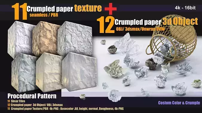11 crumpled paper PBR texture and 12 crumpled paper 3d Object Texture