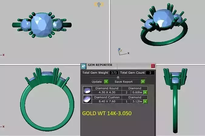 3 stones cushion engagement ring