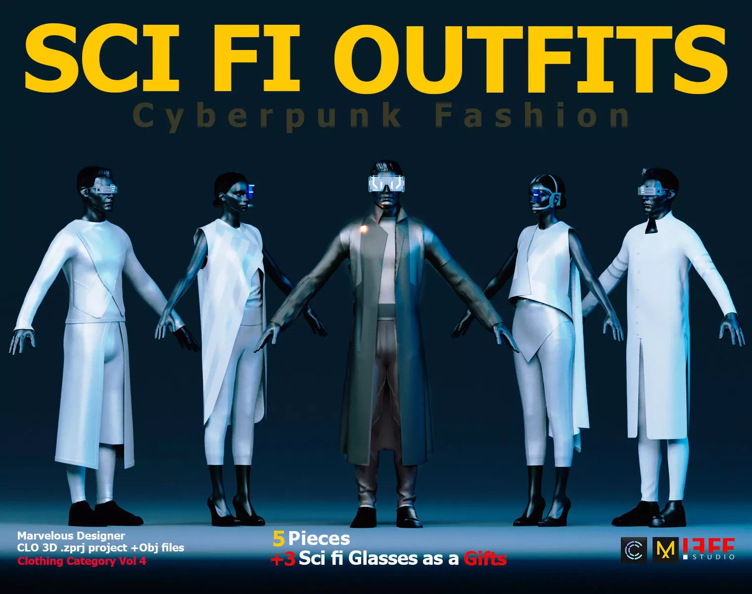 5 SCI-FI CYBERPUNK OUTFITS and 3 SCIFI GLASSES AS A GIFT Low-poly 3D model_0