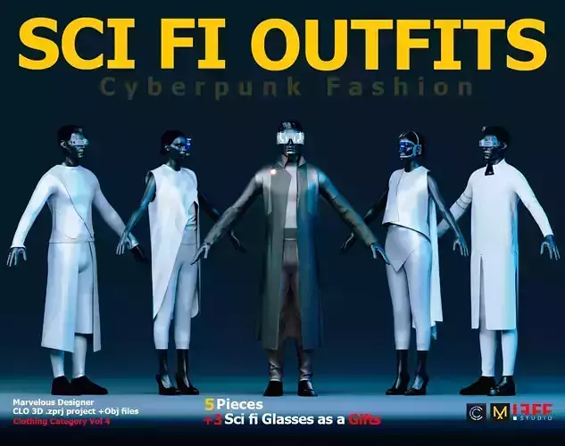 5 SCI-FI CYBERPUNK OUTFITS and 3 SCIFI GLASSES AS A GIFT Low-poly 3D model