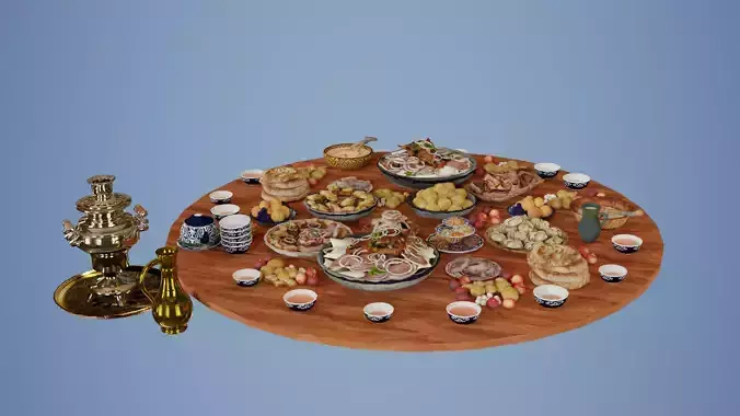 Dastarkhan - Low Poly Game Ready table with food Low-poly 3D model