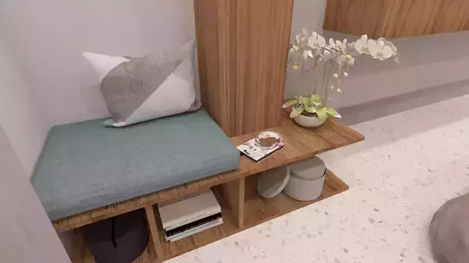 bedroom bathroom with wooden shelf and cushion