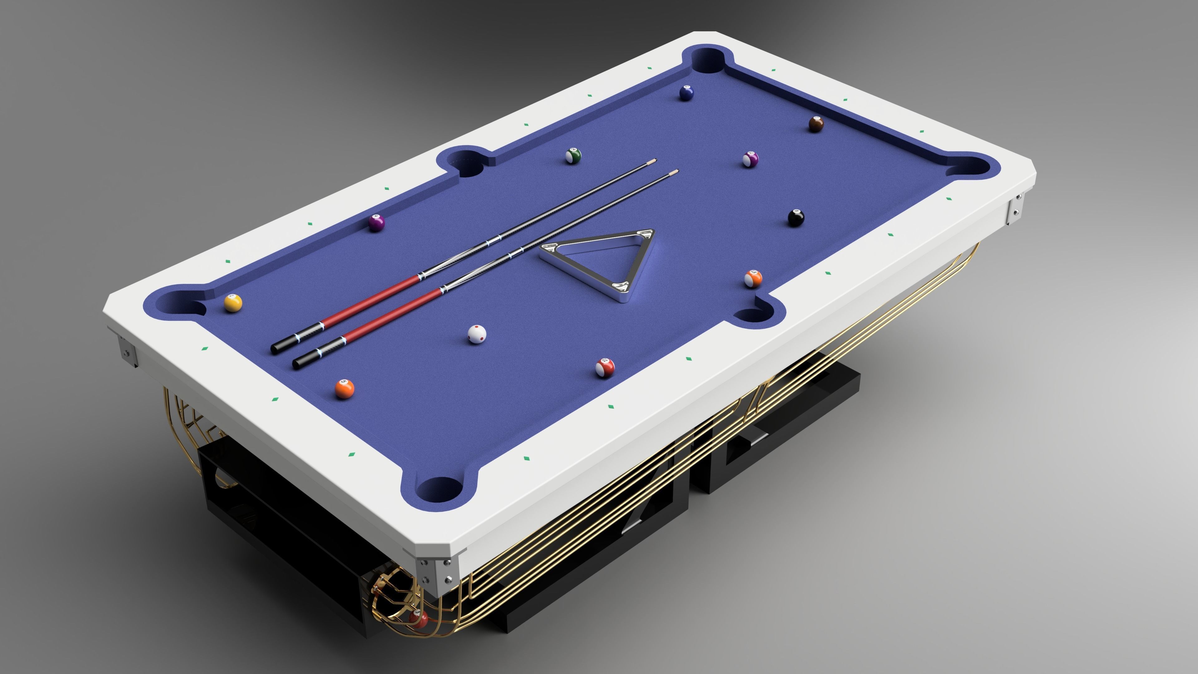 Pool Table with Pool Balls Rack and Cue Stick 3D model_1
