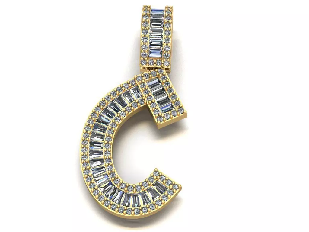 Baguette Diamond Letter Necklace 3D print model_0