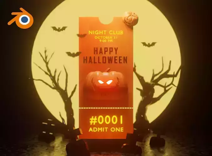Animated 3D HALLOWEEN TICKET template for Blender Eevvee render 3D model