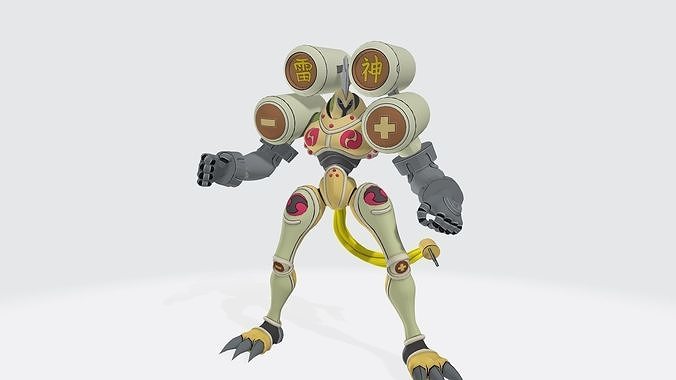 Raijinmon character wearing helmet and holding gun 3D print model