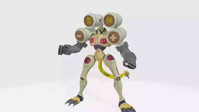 Raijinmon character wearing helmet and holding gun