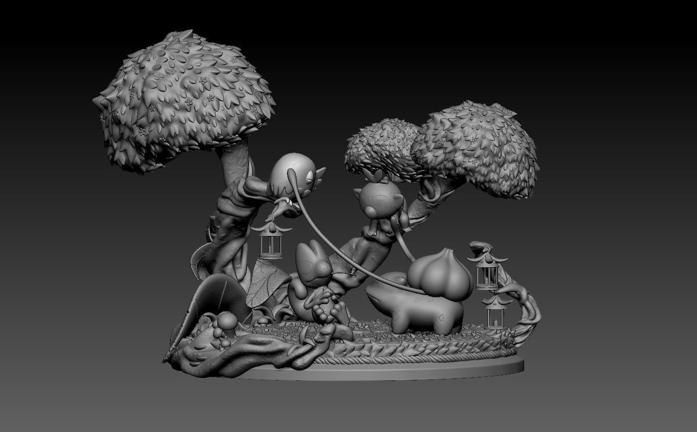 pokemon diorama bulbasaur treecko rowlet and grookey with cuts 3D print model_2