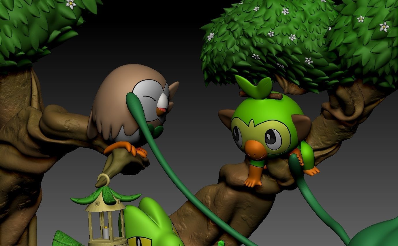 pokemon diorama bulbasaur treecko rowlet and grookey with cuts 3D print model_9