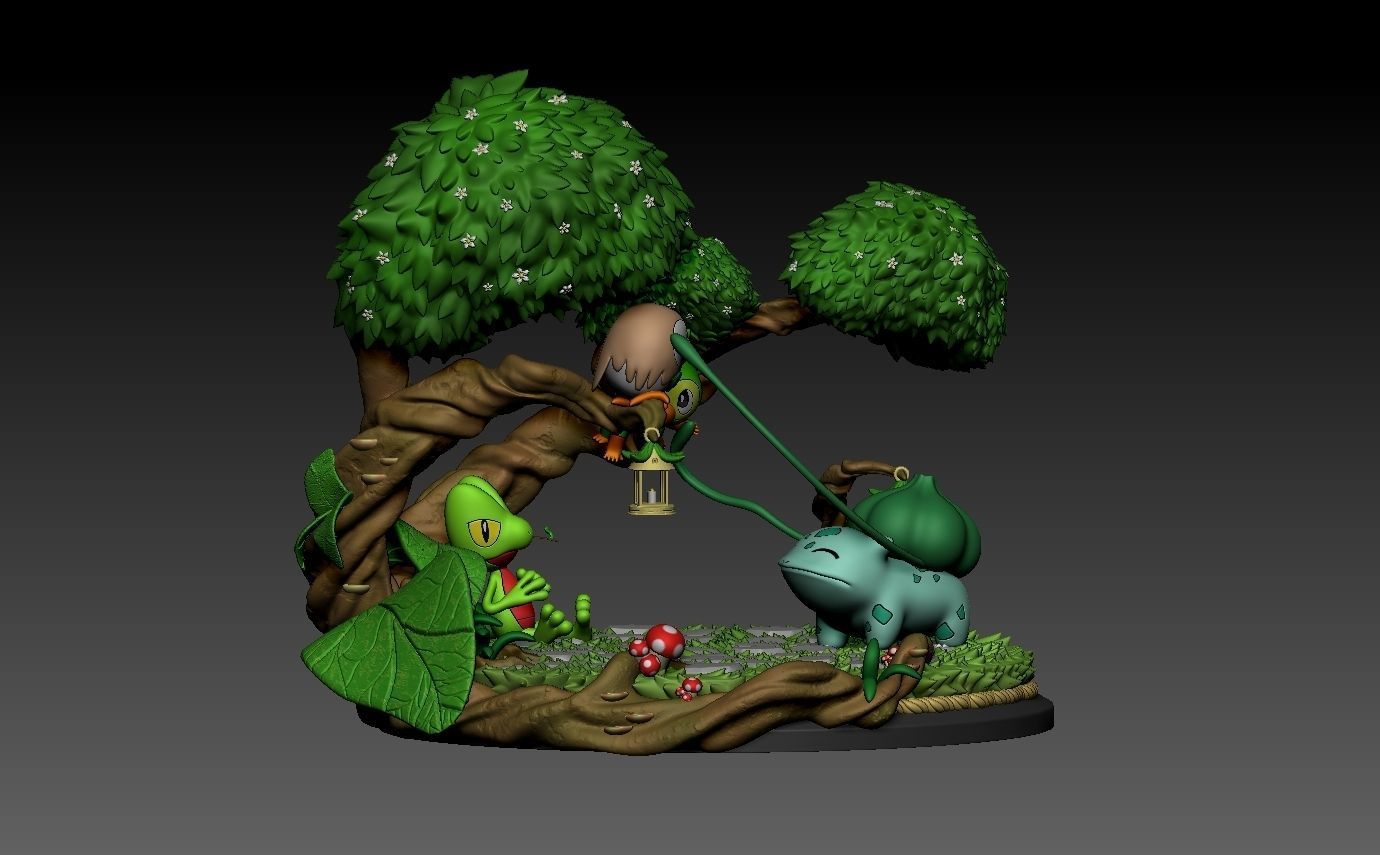 pokemon diorama bulbasaur treecko rowlet and grookey with cuts 3D print model_7