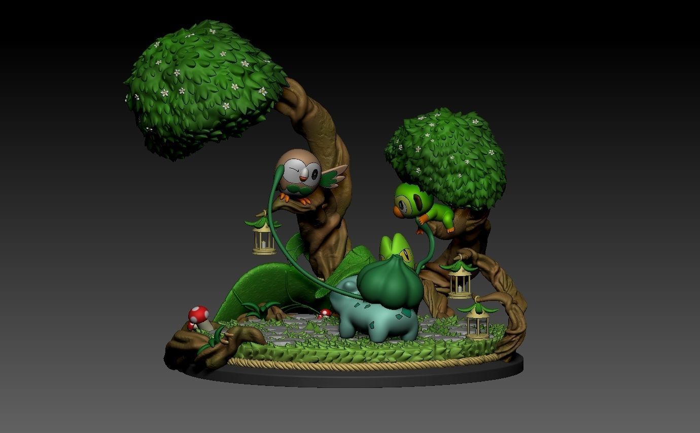 pokemon diorama bulbasaur treecko rowlet and grookey with cuts 3D print model_5
