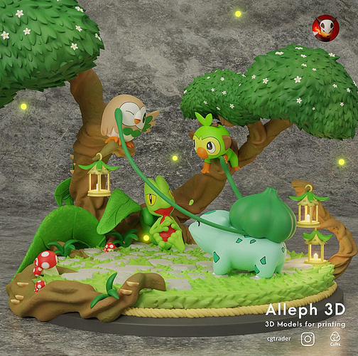 pokemon diorama bulbasaur treecko rowlet and grookey with cuts 3D print model