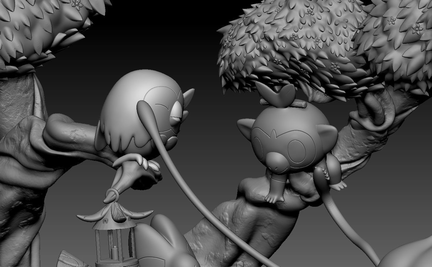 pokemon diorama bulbasaur treecko rowlet and grookey with cuts 3D print model_10