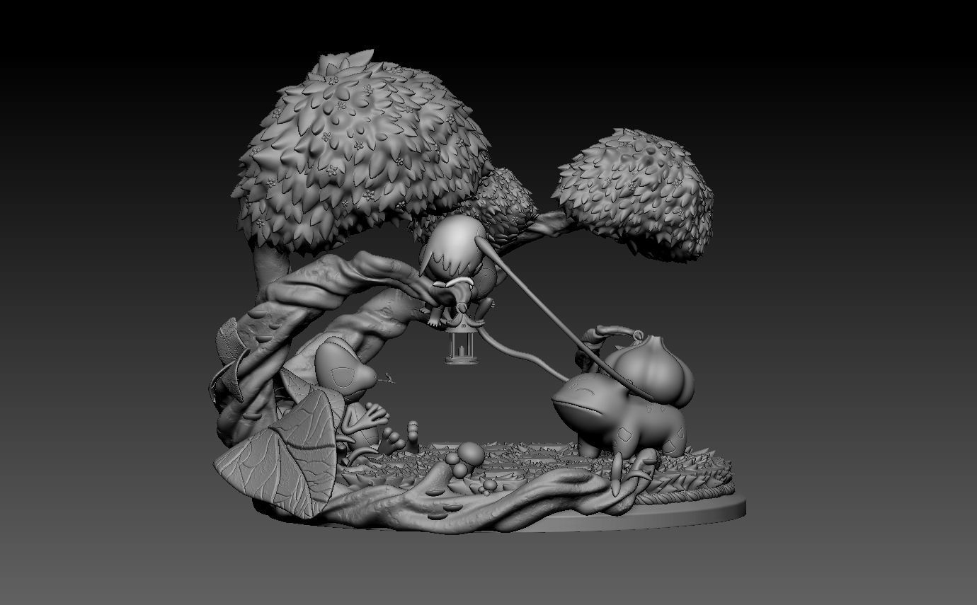 pokemon diorama bulbasaur treecko rowlet and grookey with cuts 3D print model_8