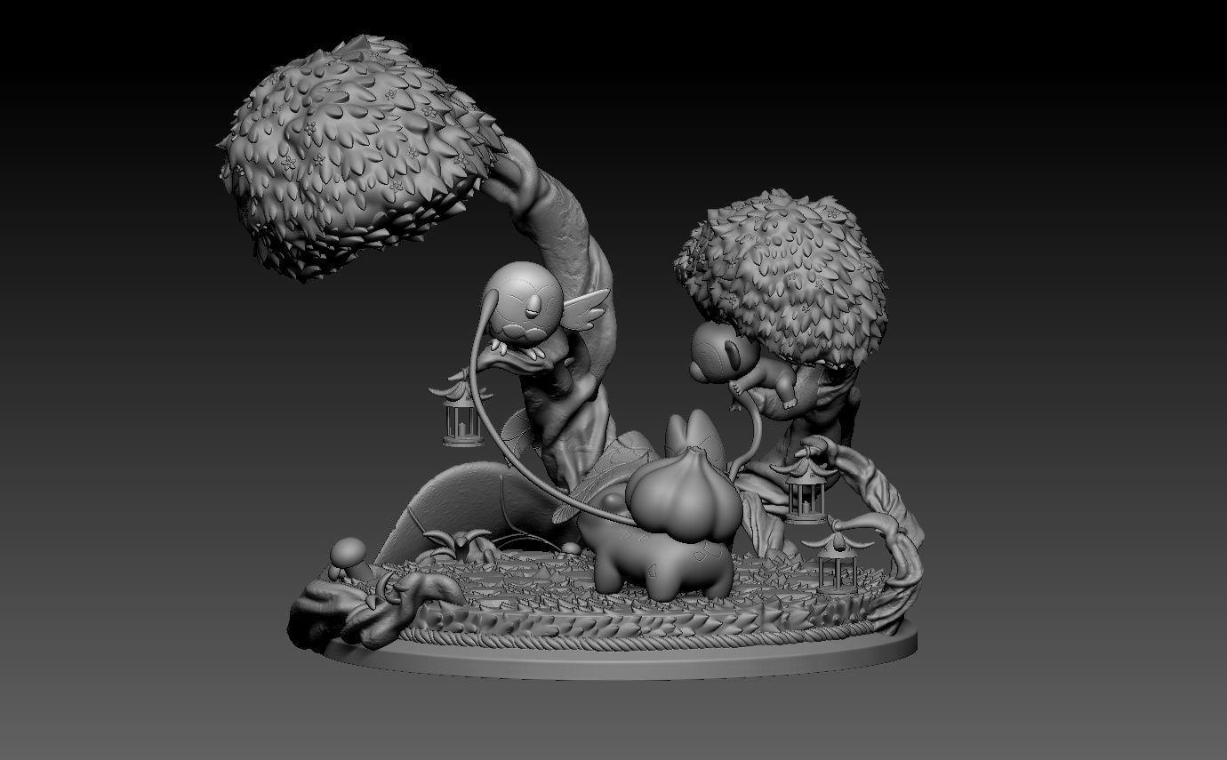 pokemon diorama bulbasaur treecko rowlet and grookey with cuts 3D print model_6