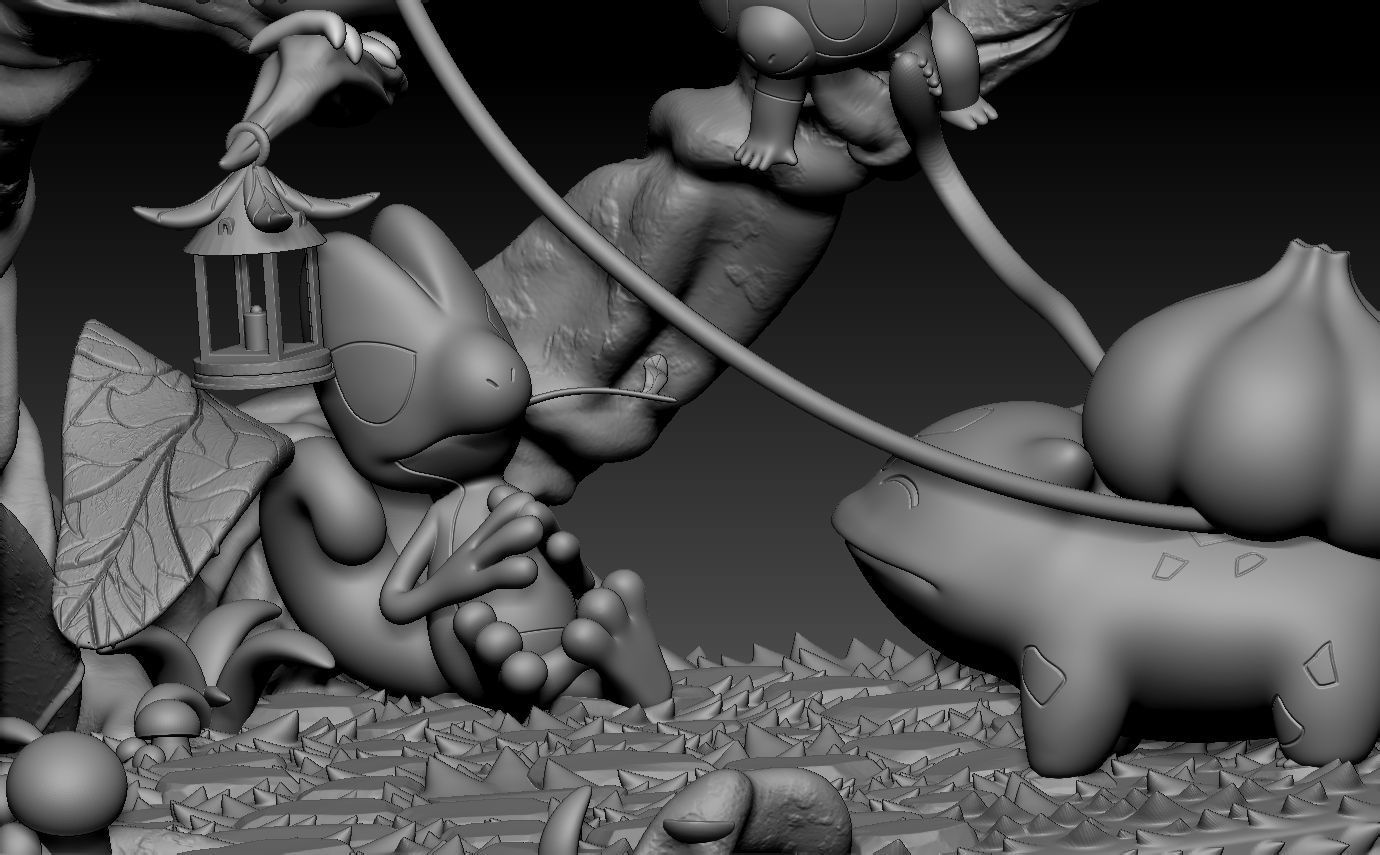 pokemon diorama bulbasaur treecko rowlet and grookey with cuts 3D print model_12