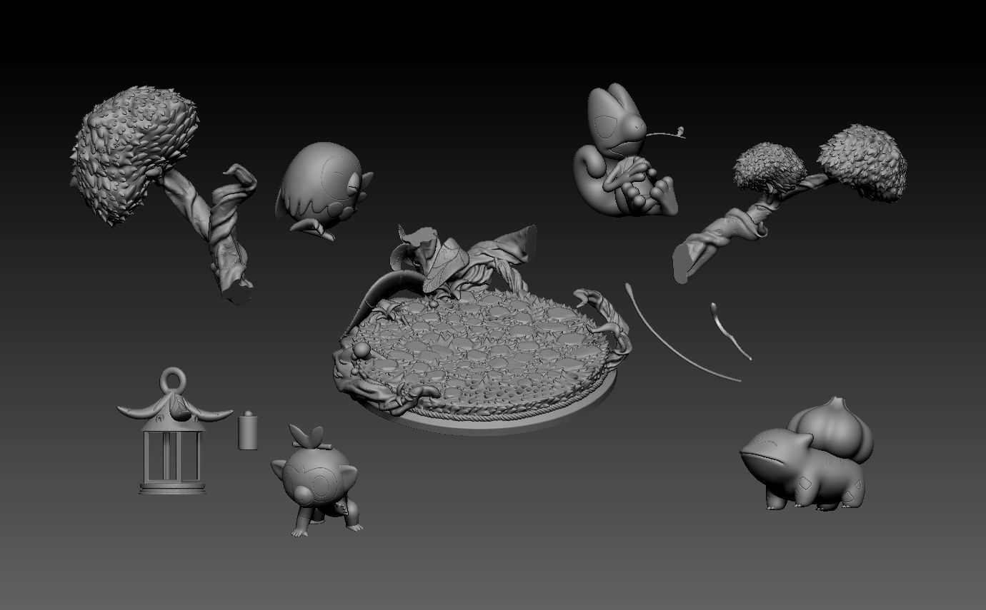 pokemon diorama bulbasaur treecko rowlet and grookey with cuts 3D print model_4