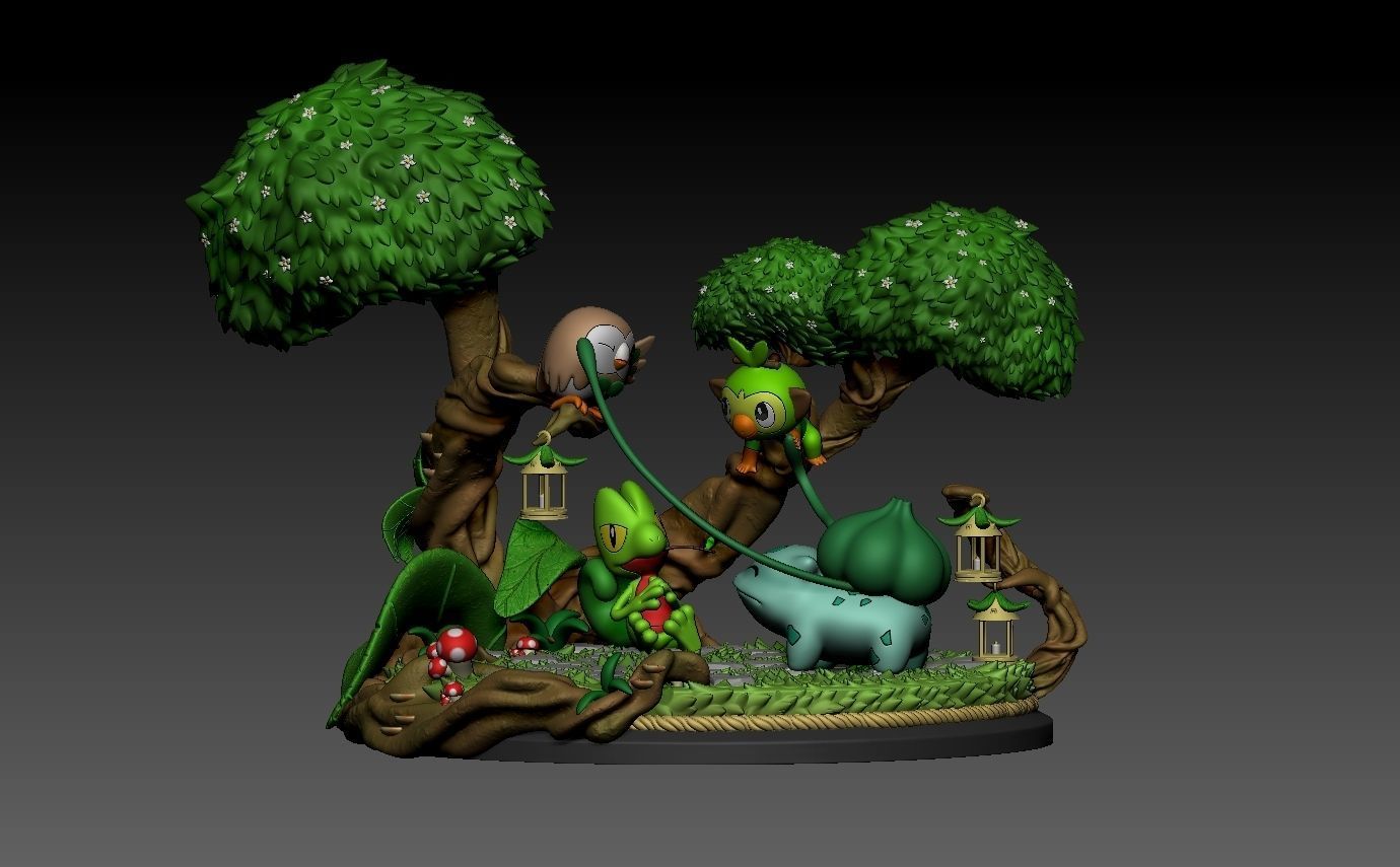 pokemon diorama bulbasaur treecko rowlet and grookey with cuts 3D print model_1