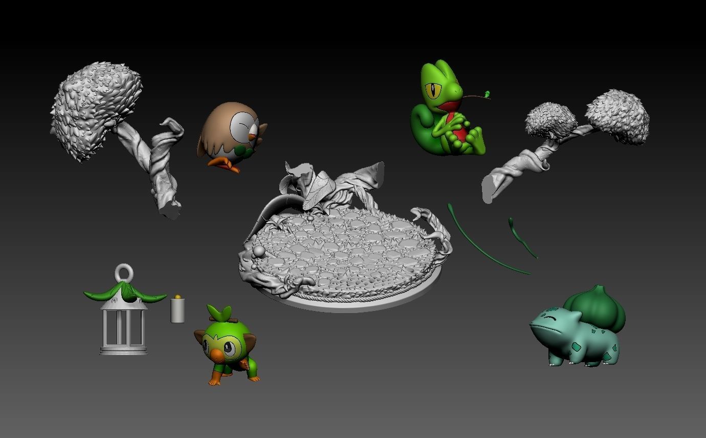 pokemon diorama bulbasaur treecko rowlet and grookey with cuts 3D print model_3