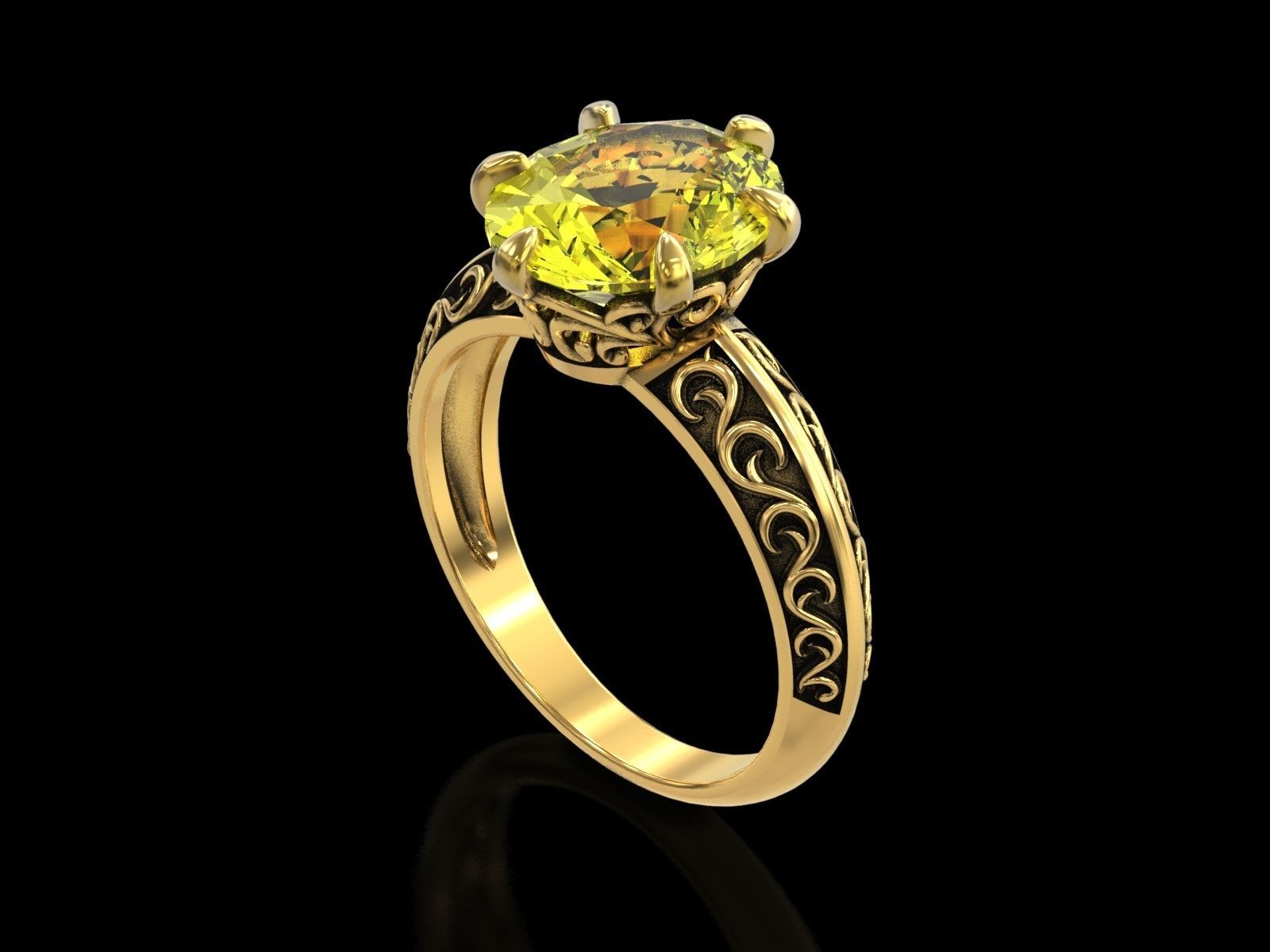 Oval Stone Antique Floral Carving Ring 3D print model_14