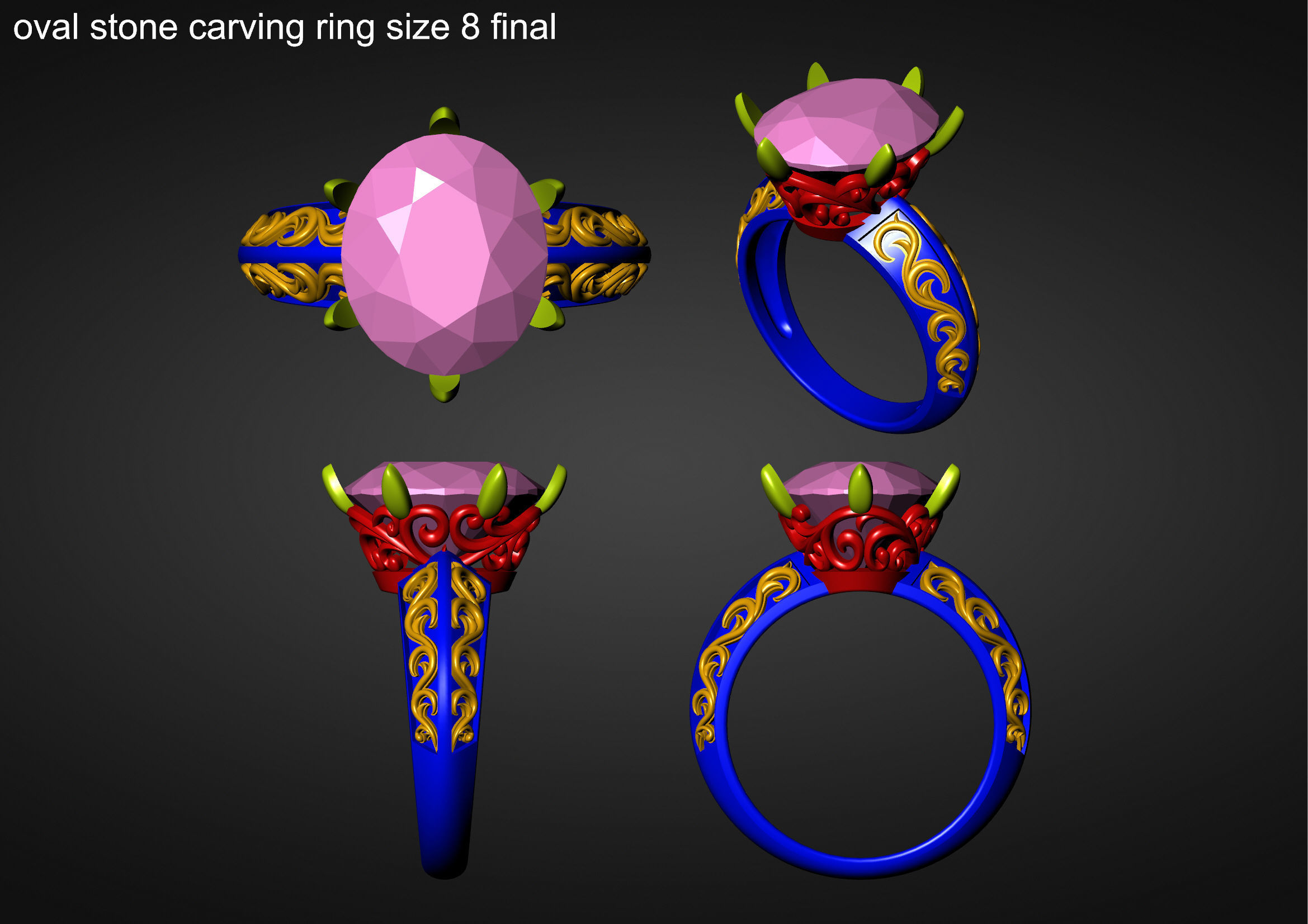 Oval Stone Antique Floral Carving Ring 3D print model_33