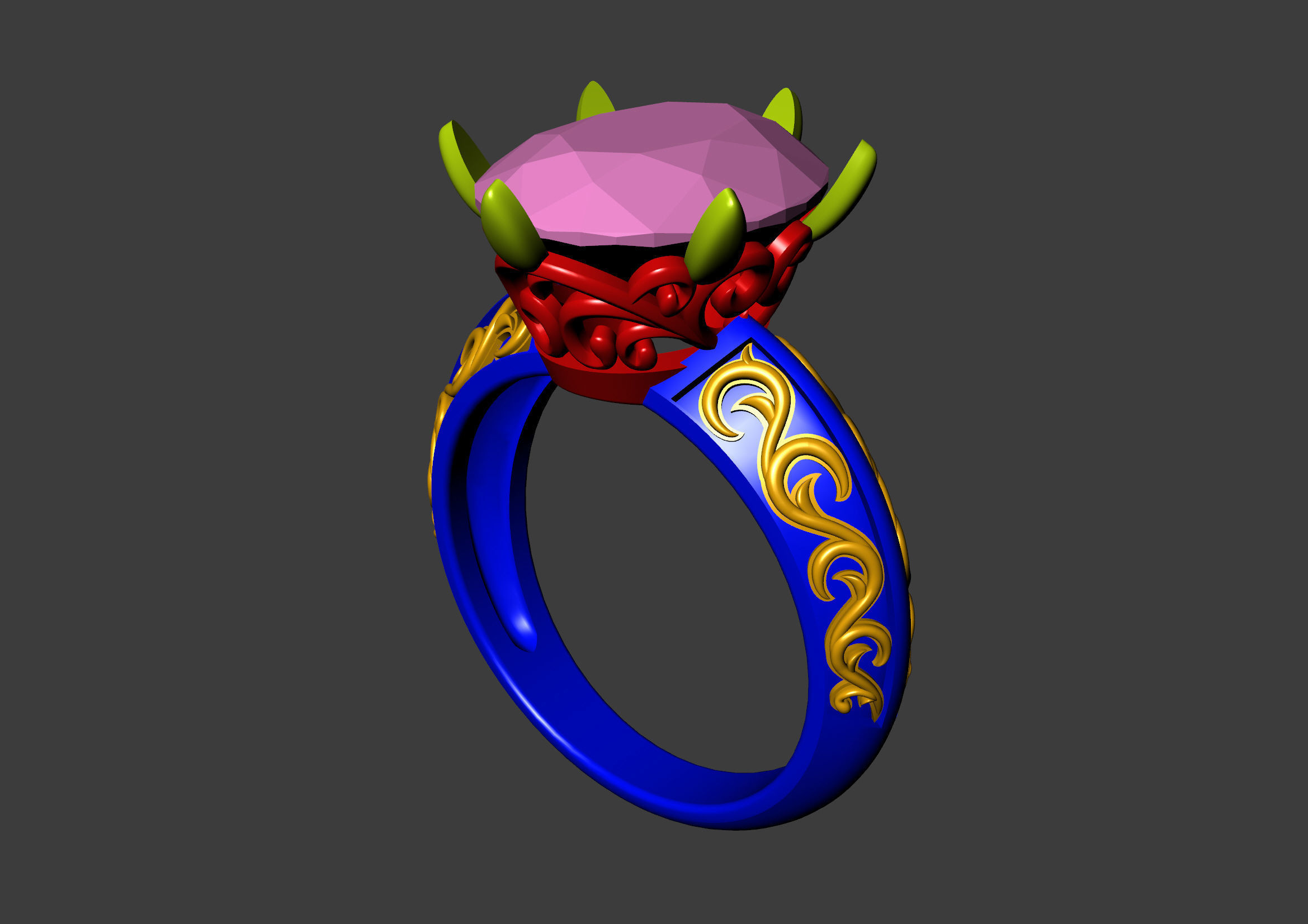 Oval Stone Antique Floral Carving Ring 3D print model_29