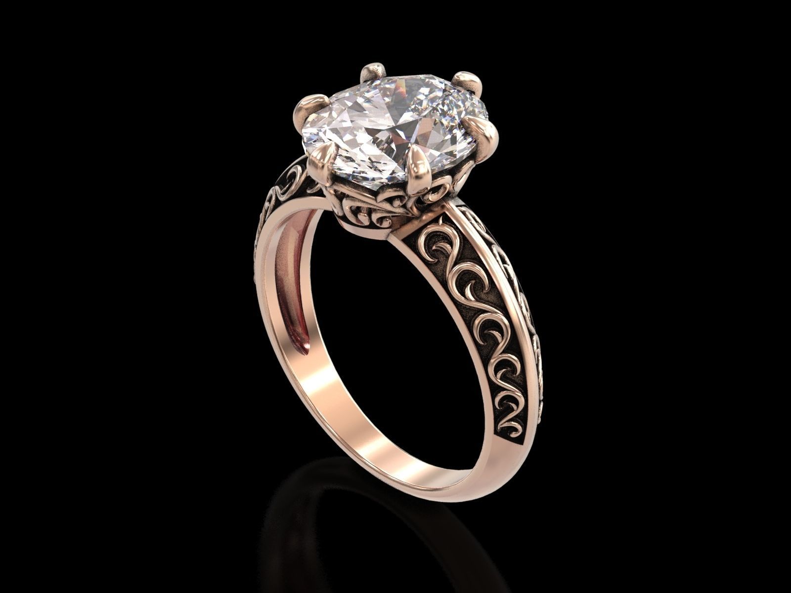 Oval Stone Antique Floral Carving Ring 3D print model_18