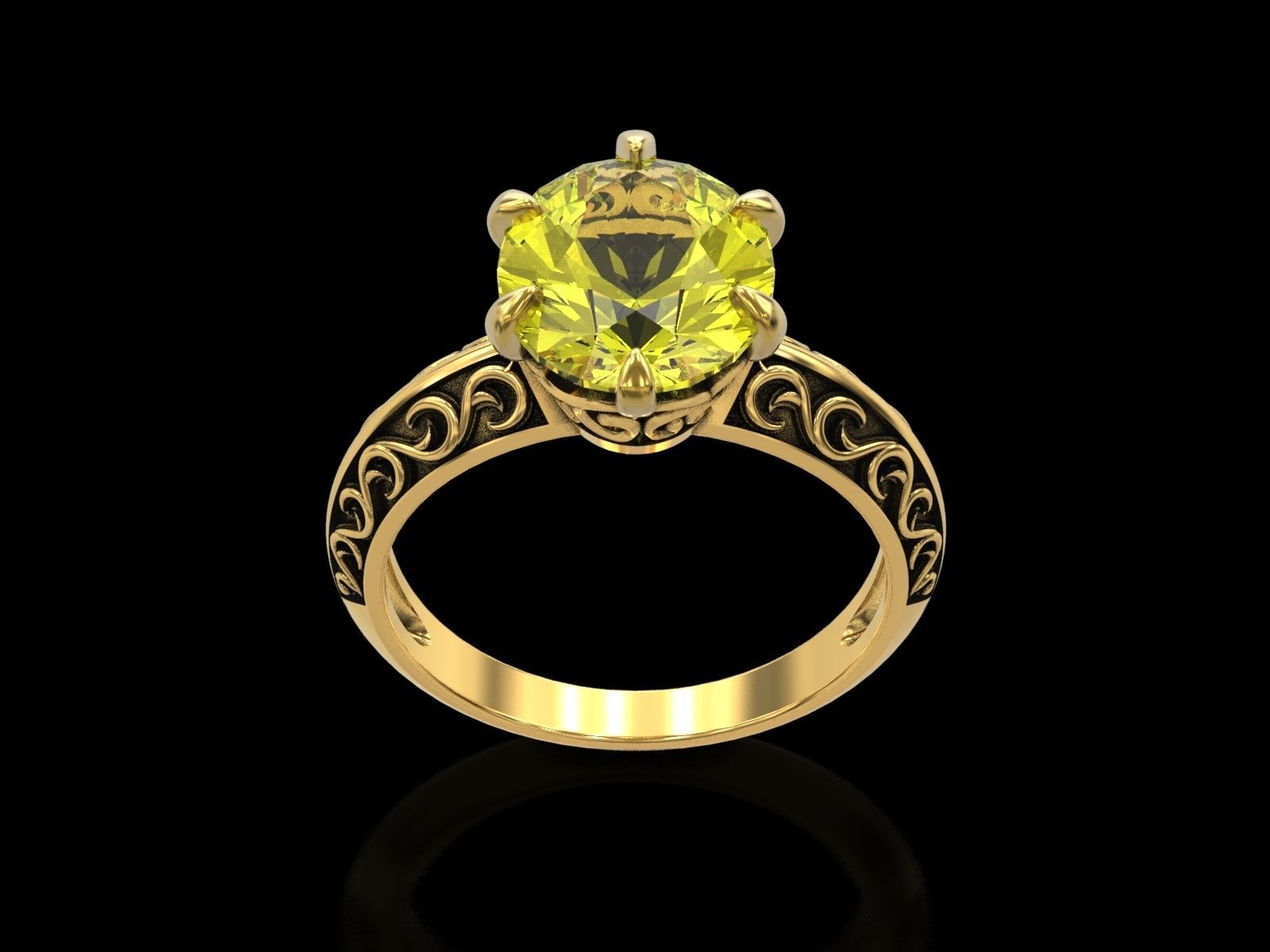 Oval Stone Antique Floral Carving Ring 3D print model_13