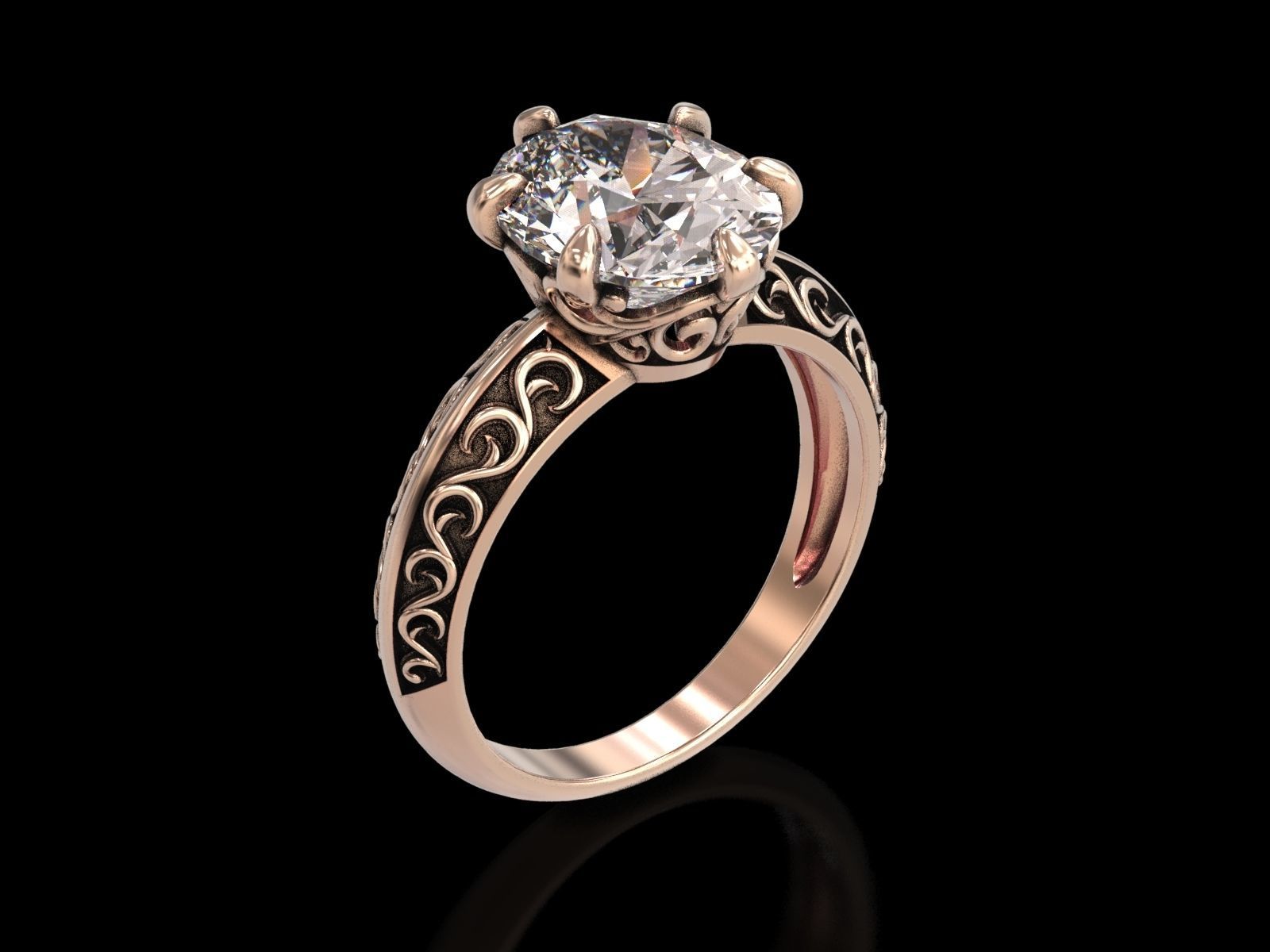 Oval Stone Antique Floral Carving Ring 3D print model_2