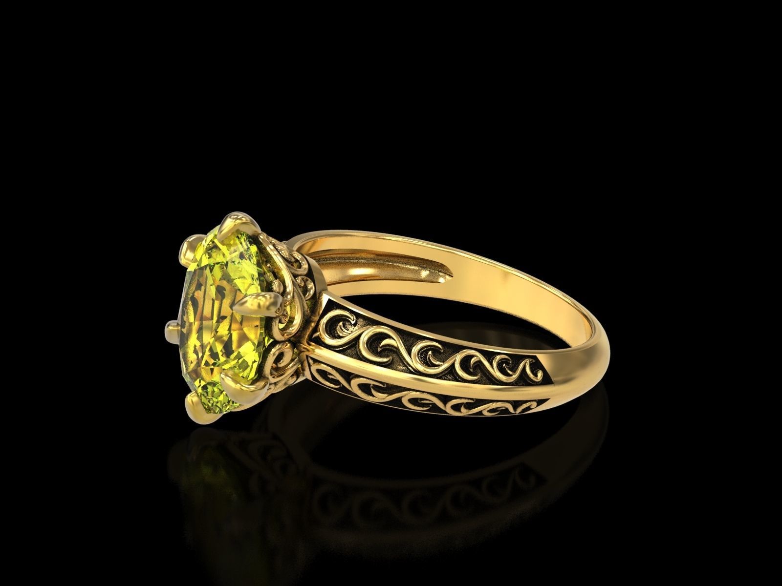 Oval Stone Antique Floral Carving Ring 3D print model_5