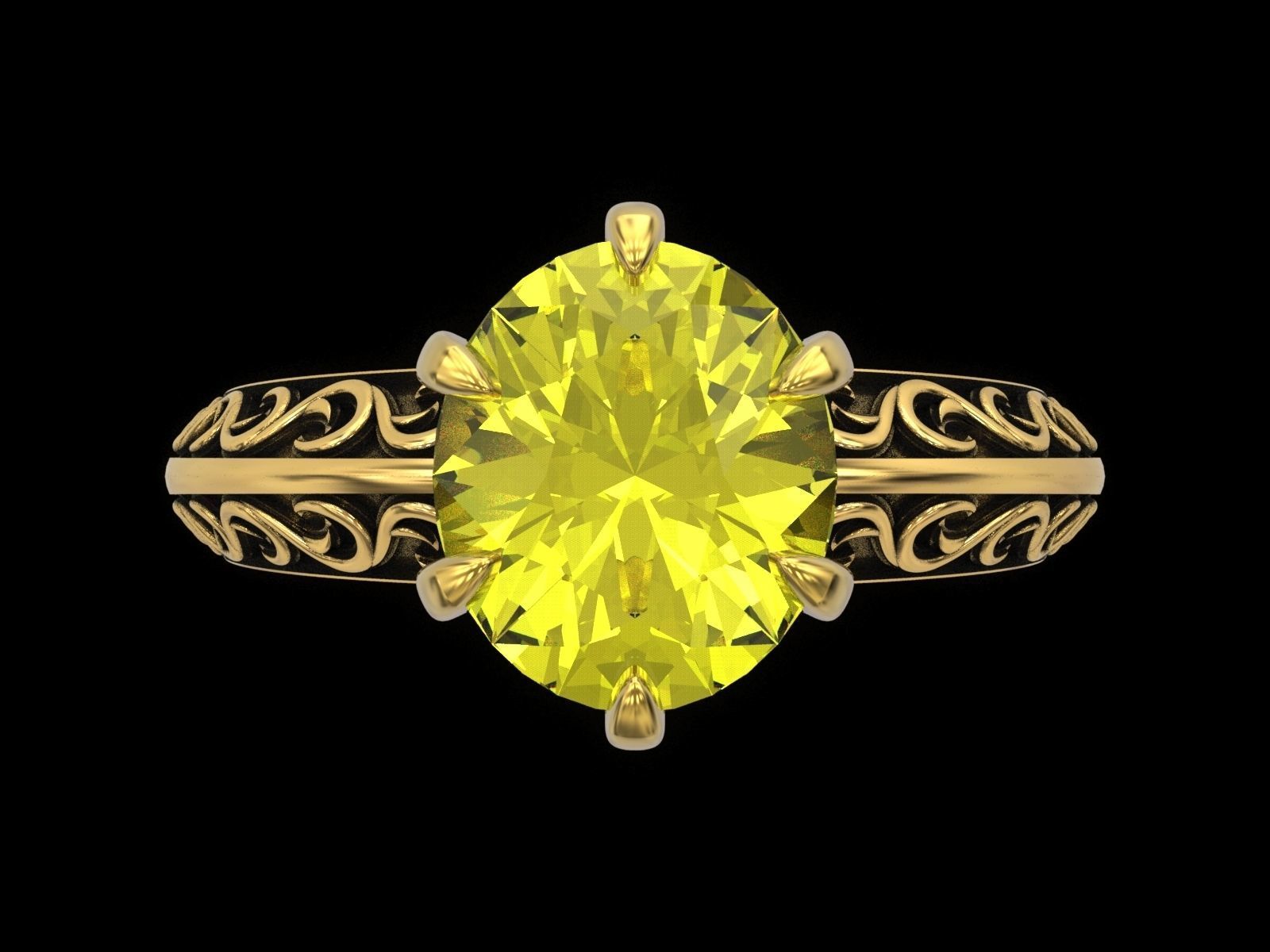 Oval Stone Antique Floral Carving Ring 3D print model_15