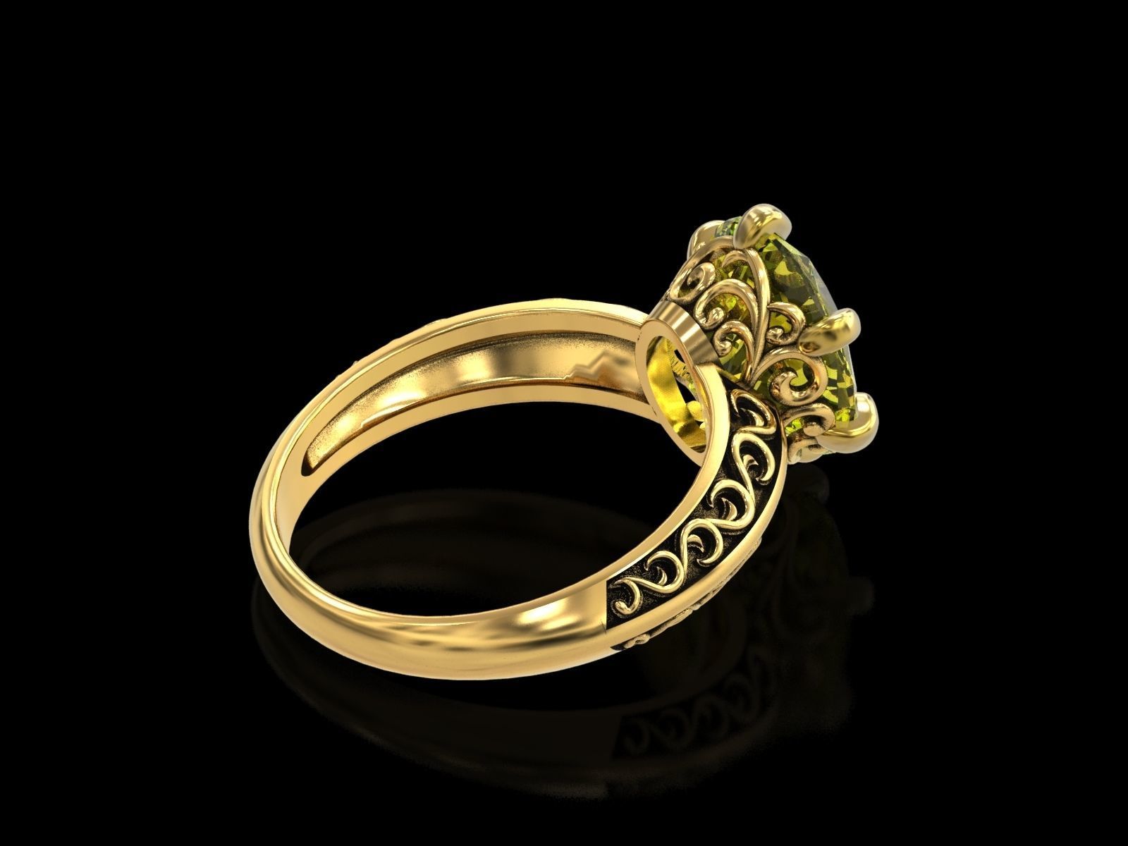 Oval Stone Antique Floral Carving Ring 3D print model_12