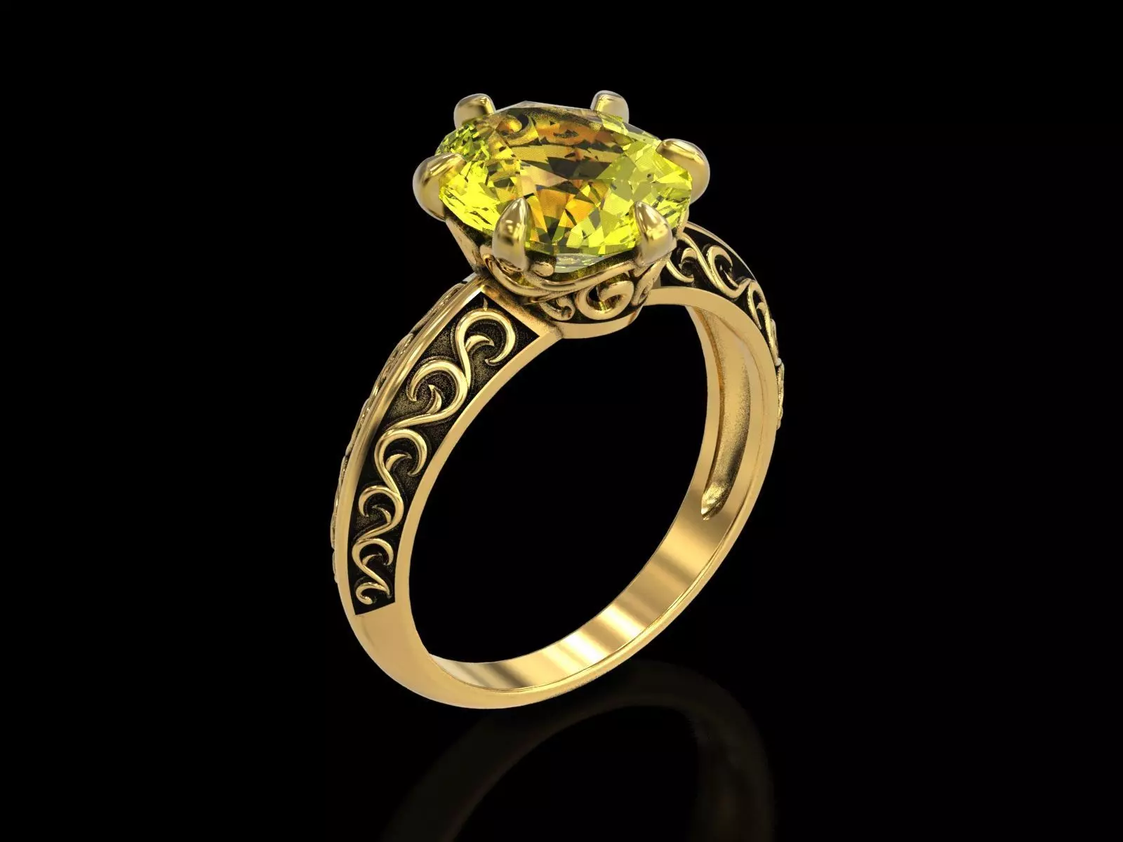 Oval Stone Antique Floral Carving Ring 3D print model_0