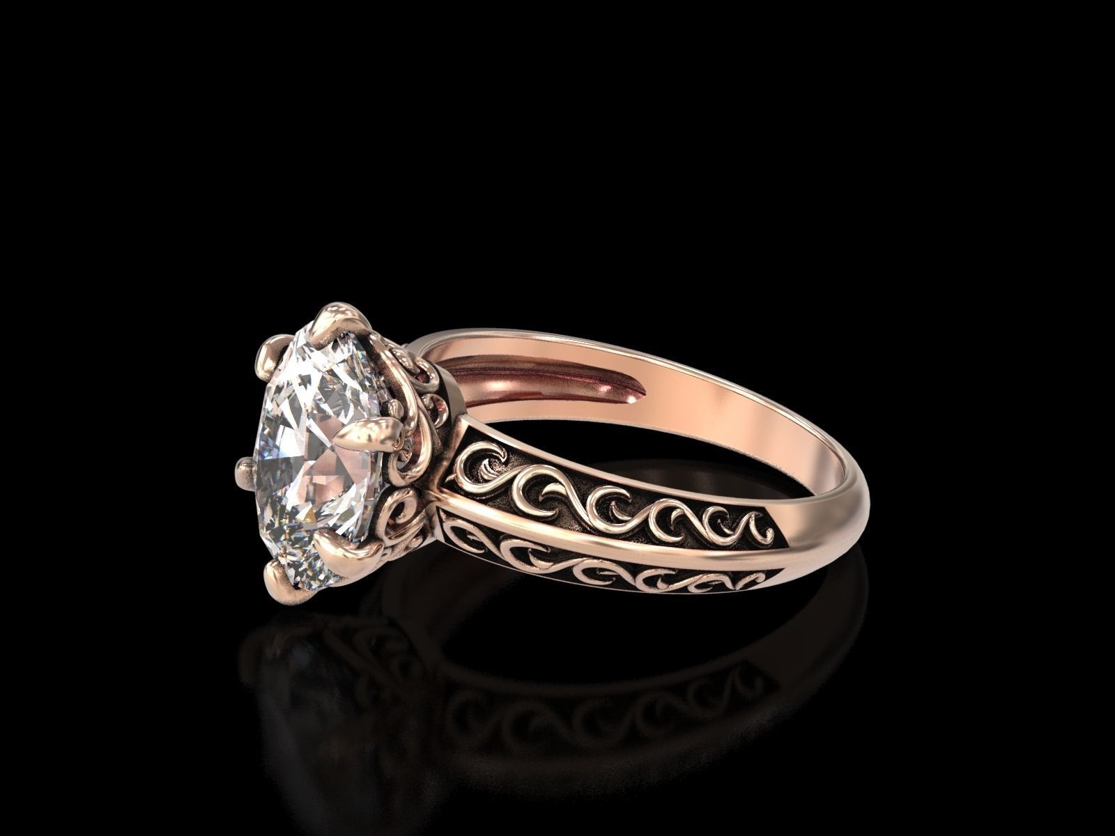 Oval Stone Antique Floral Carving Ring 3D print model_4