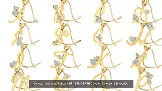 26 Heart Alphabets Pendant 3dm STL OBJ FBX Details Collection 