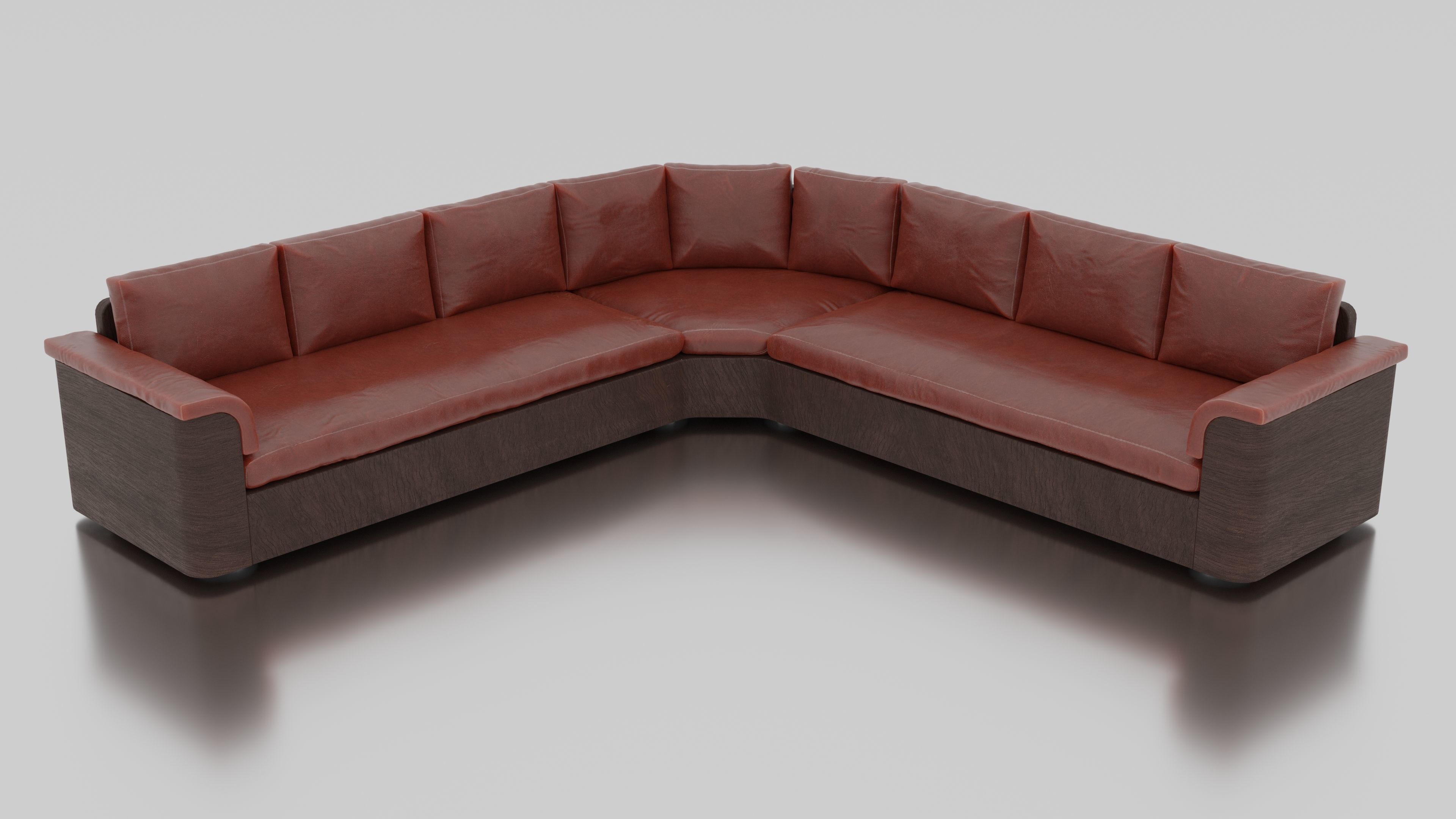 Large red corner sofa with leather cushions and wood base 3D model_1