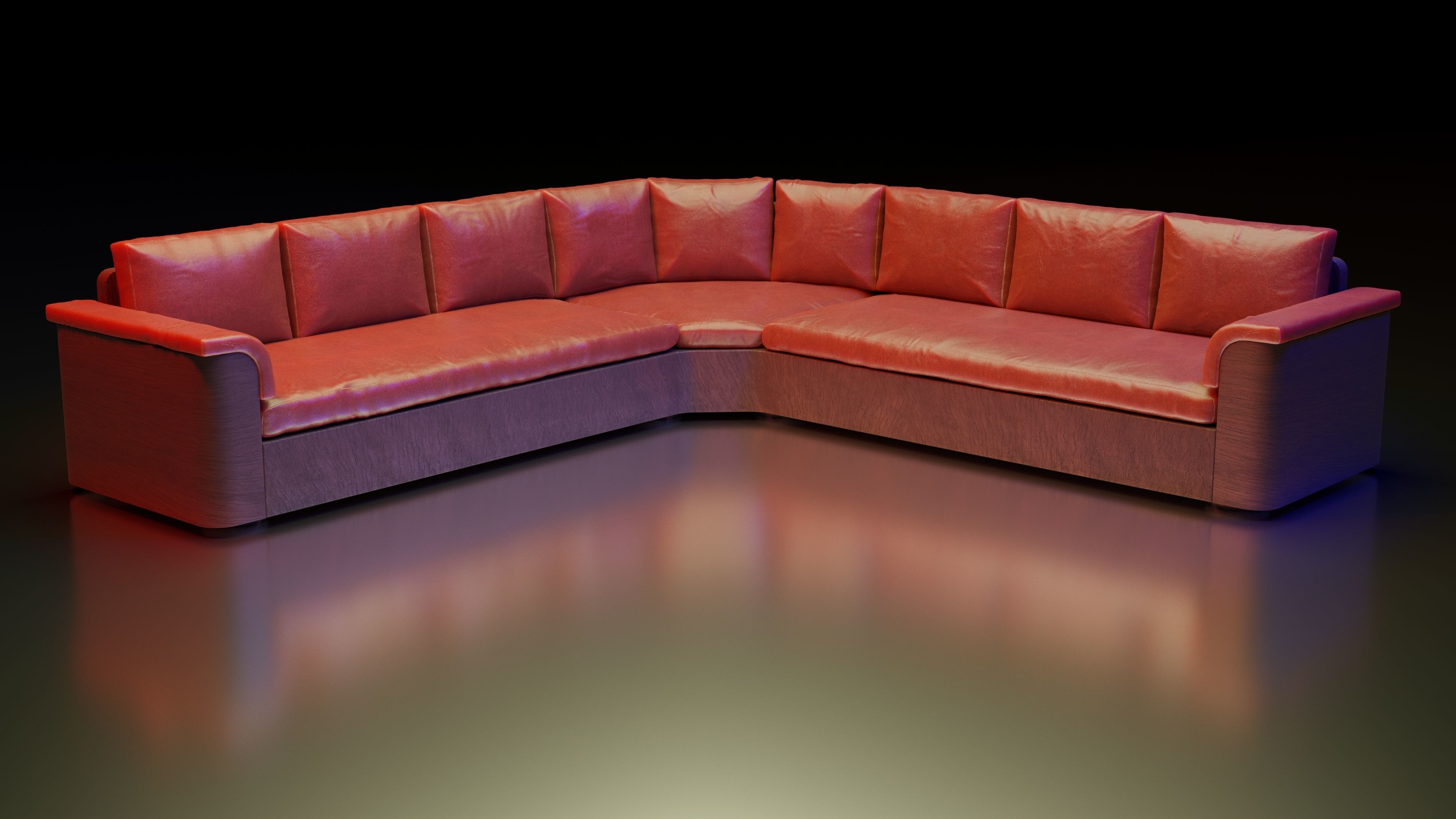 Large red corner sofa with leather cushions and wood base 3D model_5