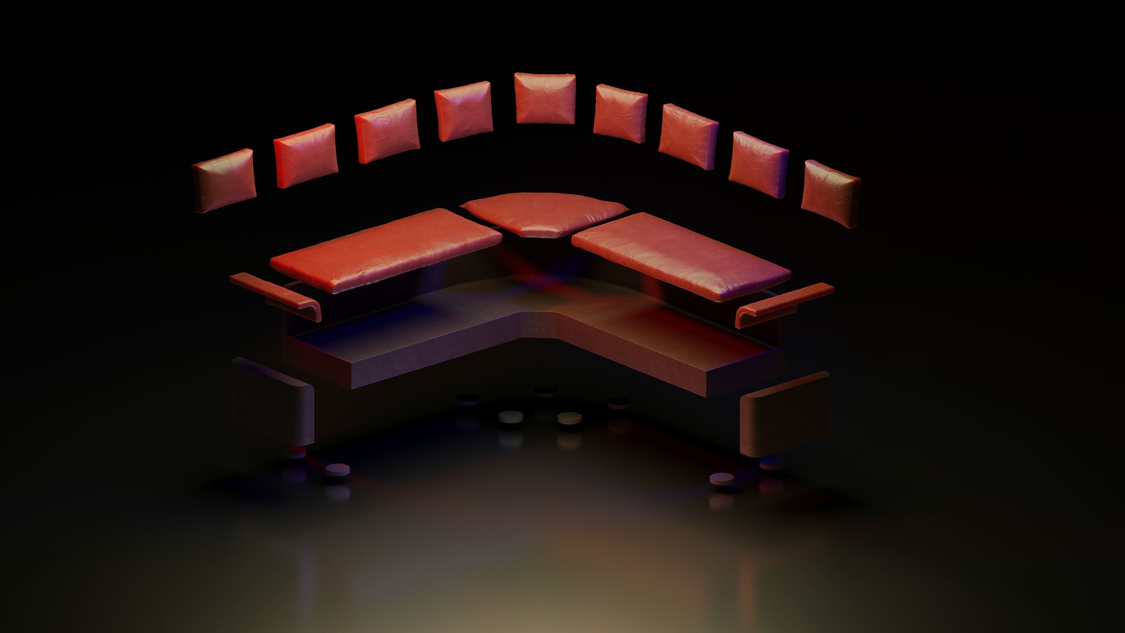 Large red corner sofa with leather cushions and wood base 3D model_13