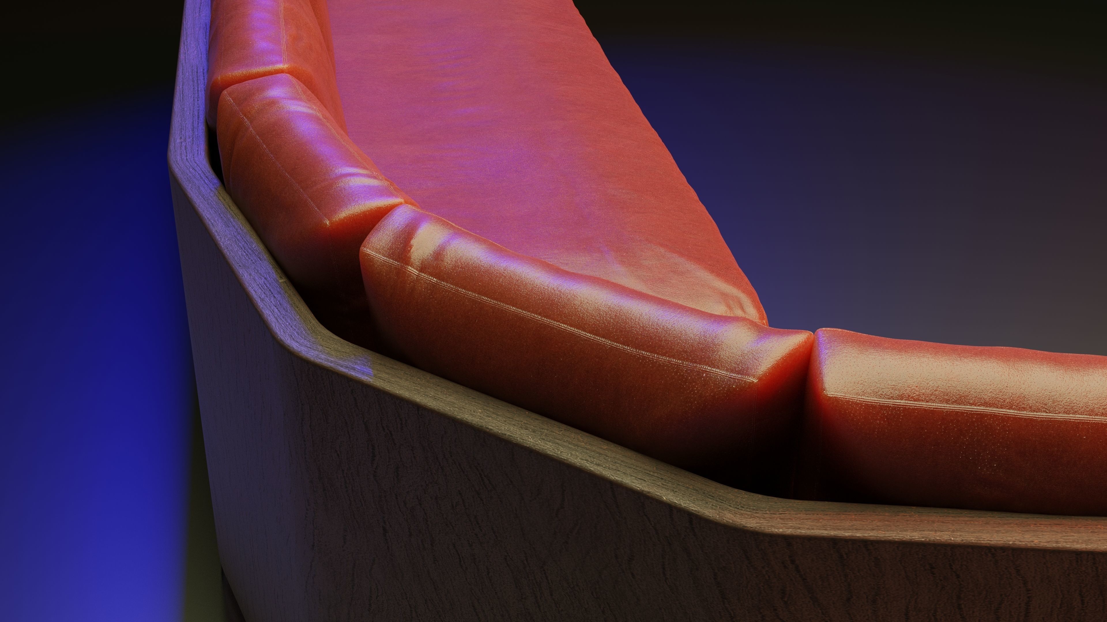 Large red corner sofa with leather cushions and wood base 3D model_7