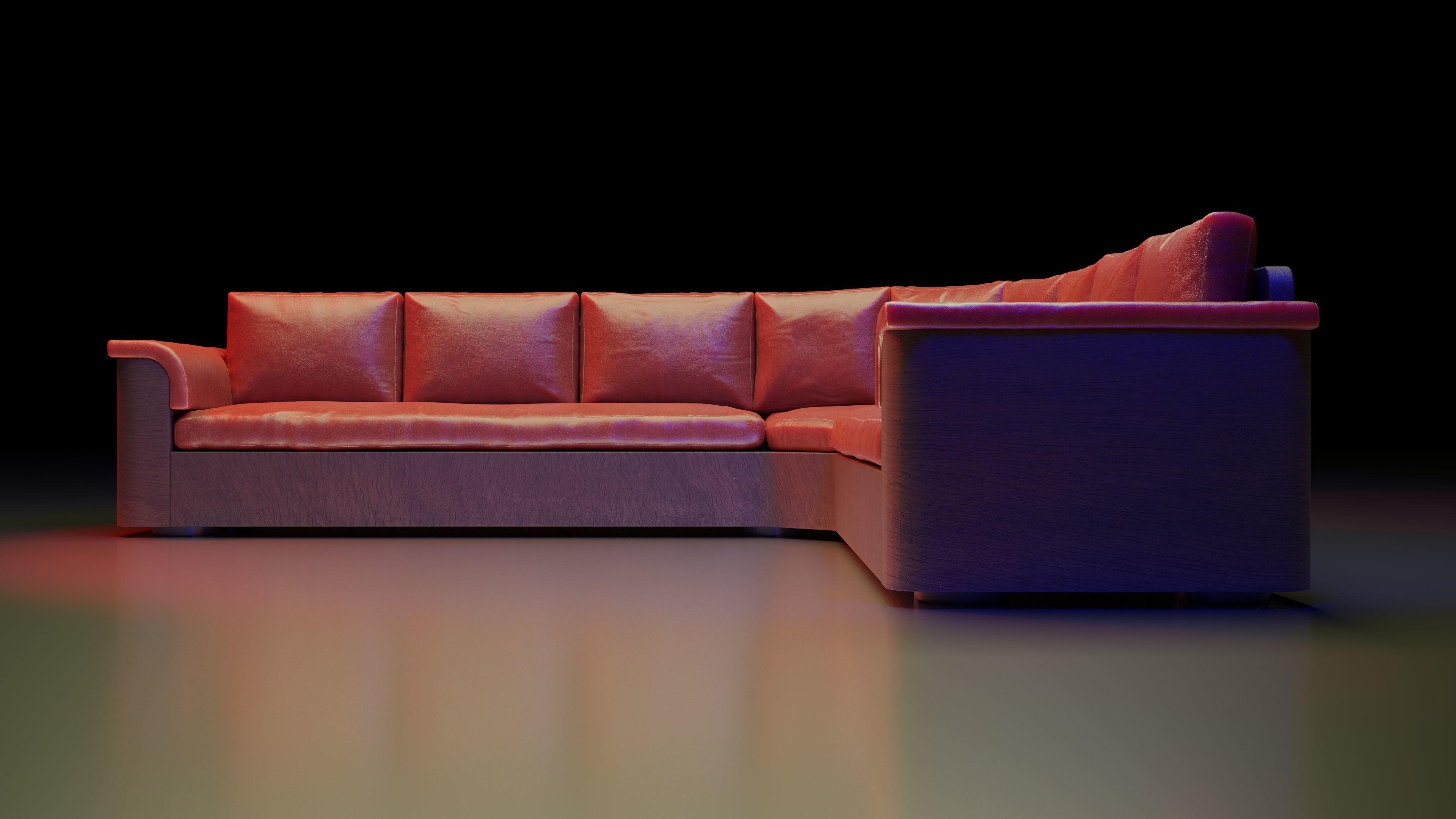 Large red corner sofa with leather cushions and wood base 3D model_2