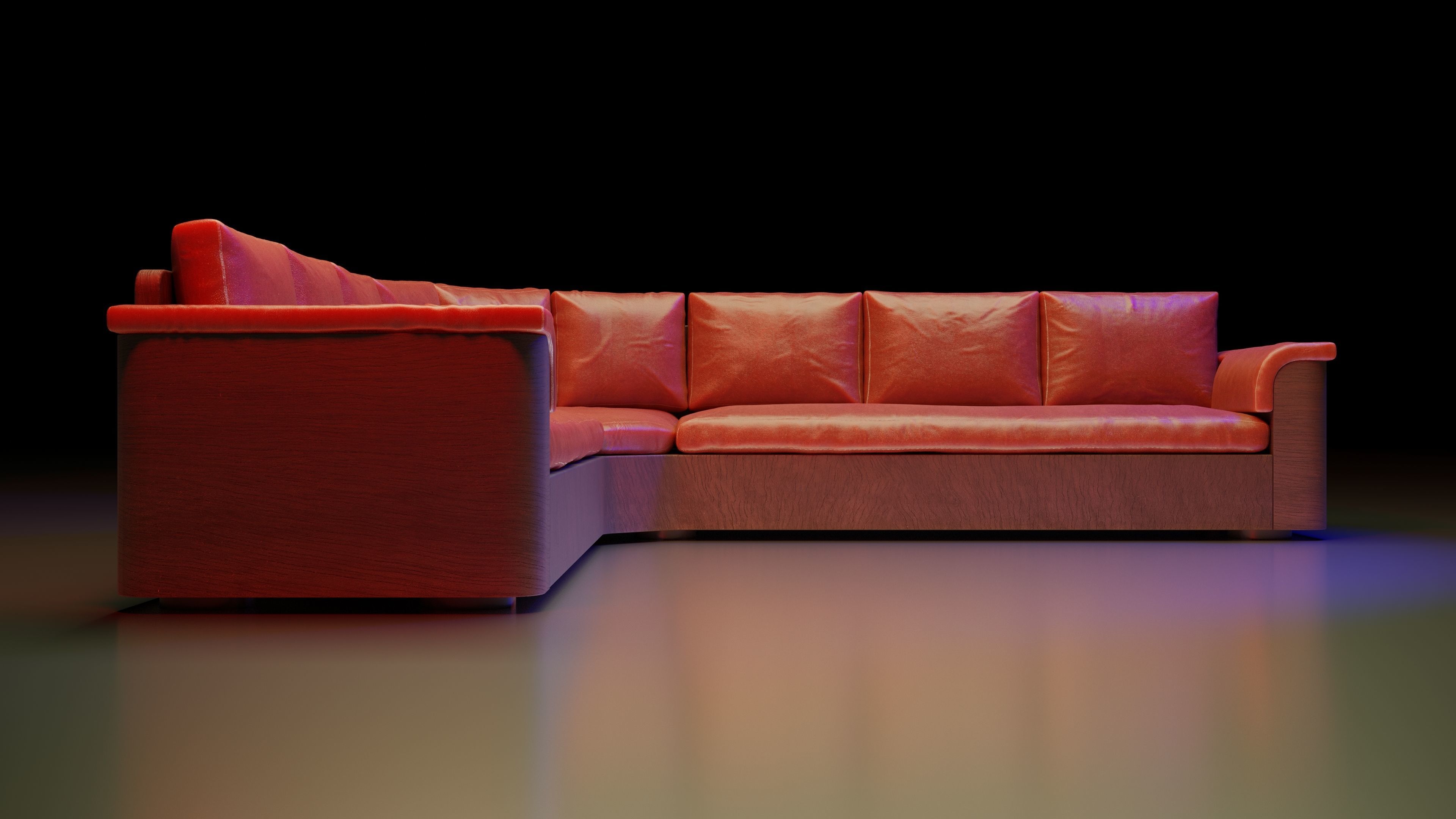 Large red corner sofa with leather cushions and wood base 3D model_4
