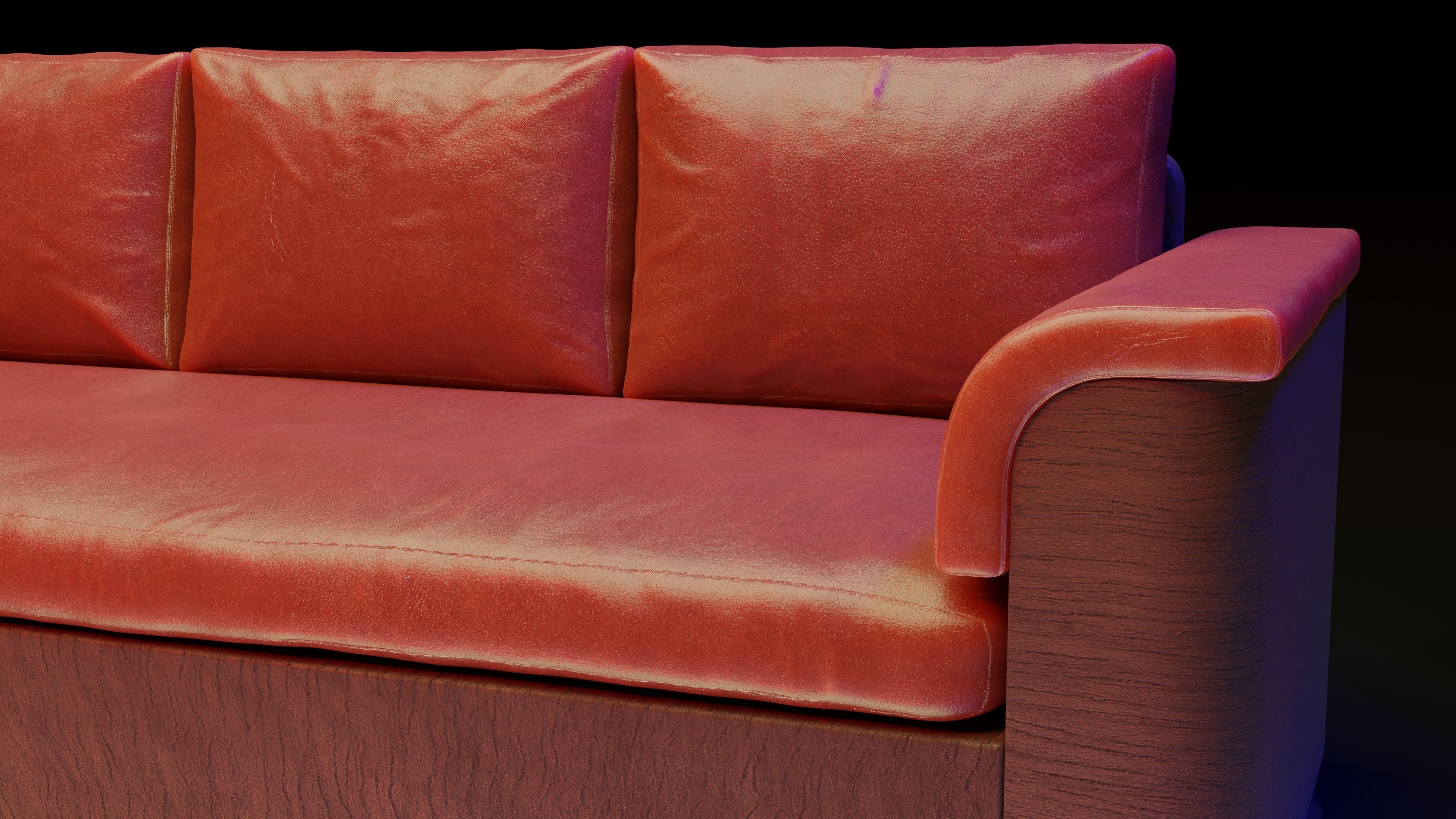 Large red corner sofa with leather cushions and wood base 3D model_6