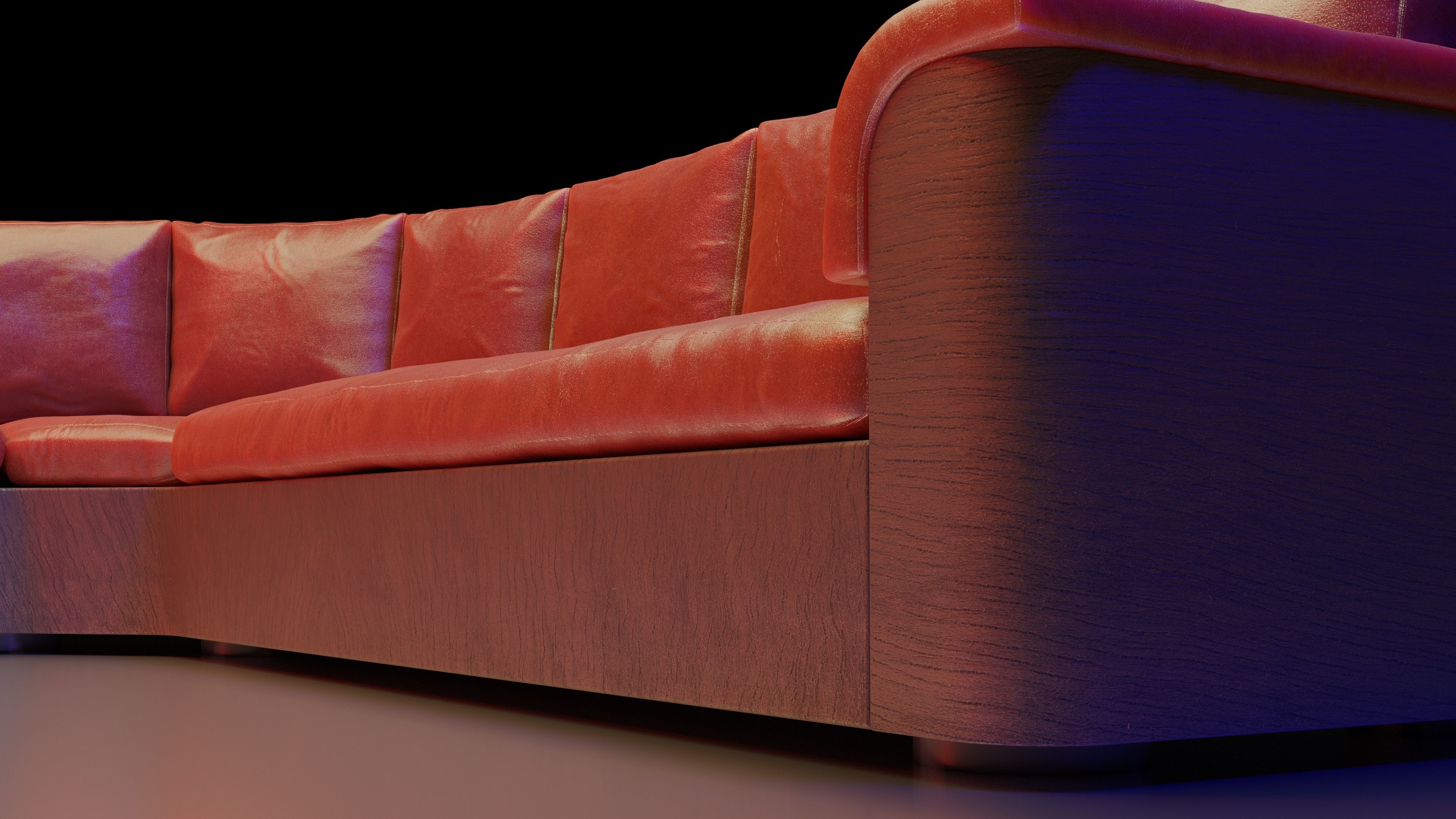 Large red corner sofa with leather cushions and wood base 3D model_10
