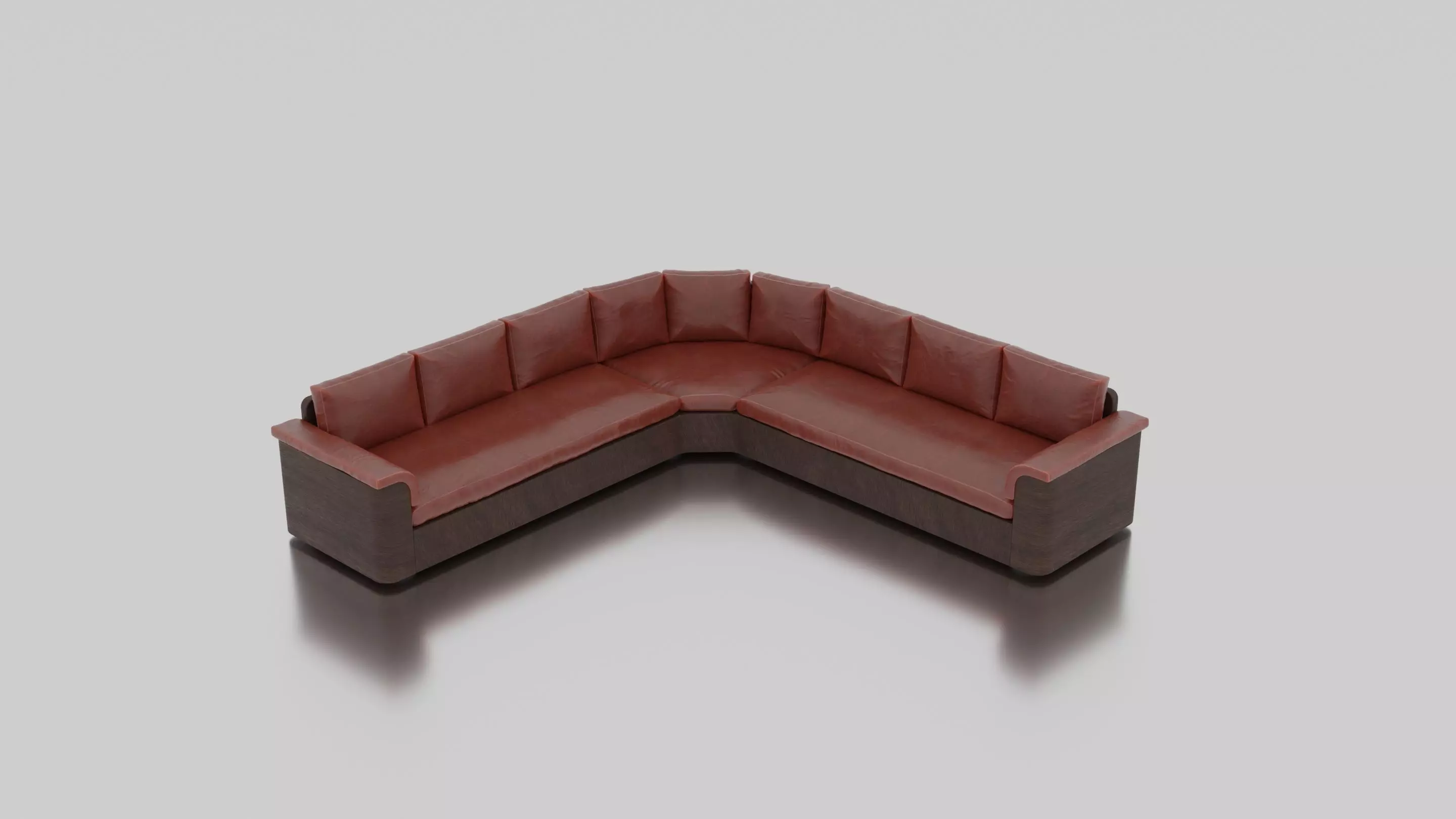 Large red corner sofa with leather cushions and wood base 3D model_0