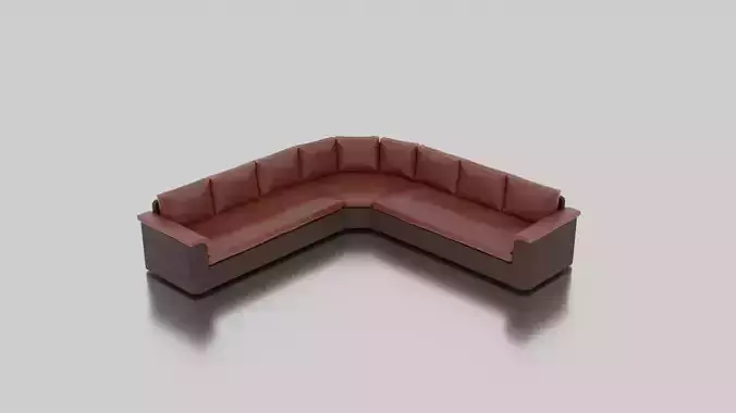 Large red corner sofa with leather cushions and wood base